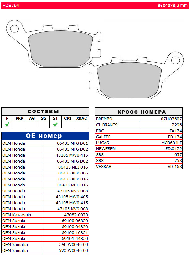 Kолодки тормозные задние для Kawasaki Z650 / Ninja650 / Versys650 &#039;15-21 / Vulcan S &#039;15-21 / Z750 &#039;07-12 / Z1000 &#039;07-09 / Versys1000 (синтетика) FERODO FDB754ST